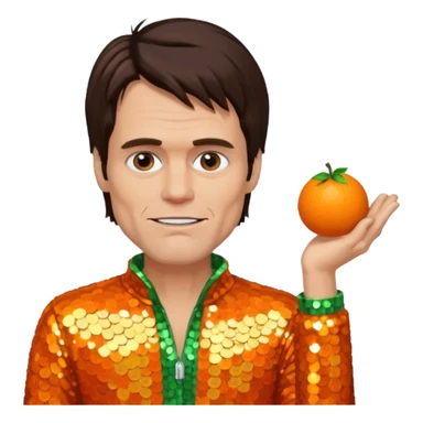 Jim Carrey with dark brown hair, orange sequin outfit sticker