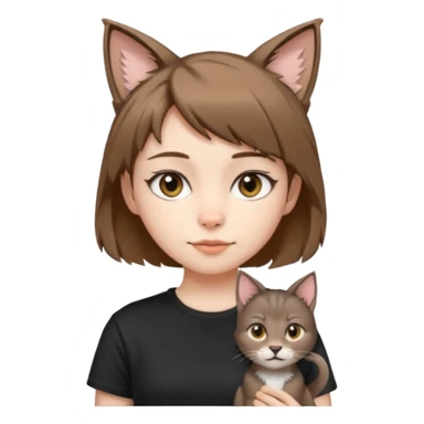 a girl with short brown wolf cut , cat ears and a tail, with a black t-shirt on sticker