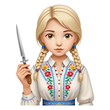 Ukrainian young girl in a white embroidered traditional shirt (vyshyvanka) holding scissors and colored cardboard sticker