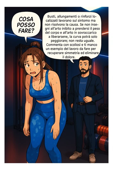 ispirati a questo stile di disegno e fai questa immagine in versione manga/webtoon a colori, il manga mostra la donna preoccupata che chiede: "COSA POSSO FARE?" E L'UOMO CHE RISPONDE: Busti, allungamenti o rinforzi localizzati lavorano sul sintomo ma non risolvono la causa. Se non insegni all’arto inibito a prendersi il peso del corpo e all’arto in sovraccarico a liberarsene, la curva potrà solo peggiorare; non resta uguale. Commenta con scoliosi e ti mando un esempio del lavoro da fare per recuperare simmetria ed eliminare il dolore. sticker