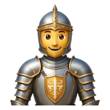 Clash of Clans aesthetic Cheerful Knight Portrait Emoji, With a radiant smile and an upright, confident stance, featuring an elegantly armored figure with intricate detailing and shining accents, his face in a natural skin tone, Simplified yet expressive features, highly detailed, glowing with a soft, luminous aura, high shine, upbeat and noble, stylized with an air of classic medieval heroism, soft glowing outline, capturing the essence of a cheerful knight ready to embark on legendary adventures! sticker