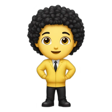 A white kid with black curly hair wearing a banana suit sticker