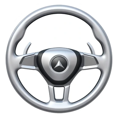 A futuristic steering wheel emoji made of silver chrome, minimal geometric design, smooth metallic surface, soft reflections, iOS emoji style, centered, clean white background sticker