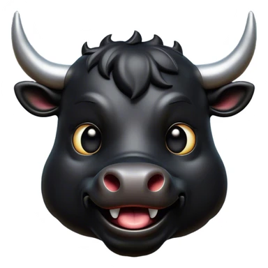 Cinematic Comical Black Bull Portrait Emoji, Head tilted dramatically with an exaggeratedly amused expression, featuring a striking, glossy black hide with a bold natural sheen, wide, expressive dark eyes filled with playful disbelief, Simplified yet hilariously expressive features, highly detailed, glowing with a slightly sassy glow, high shine, dramatic yet playful, stylized with an air of cheeky mischief, bright and endearing, soft glowing outline, capturing the essence of a spirited and over-the-top bull, so meme-worthy it feels like it could charge its way into internet fame instantly! sticker