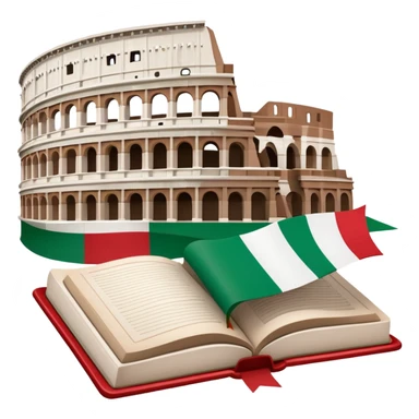 An icon featuring the Colosseum and the flag of Italy, symbolizing the Italian language. The design includes an open book with Italian phrases and a gondola, representing language learning and cultural exploration. Transparent background sticker