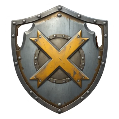 a battle worn steel shield with engraved text "XXX", the text should be prominent and in the center of the shield sticker