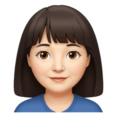 60 yr old woman, very small brown eyes, long hair, straight dark brown hair, bangs, chubby, long face sticker