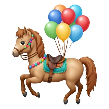 A small pony holding colorful balloons tied to its saddle, looking cheerful. sticker