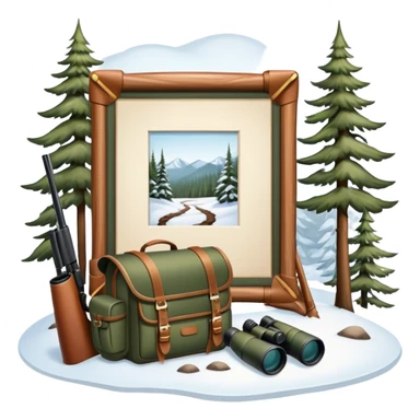 Icon for Hunting Tourism: a hunting rifle, binoculars, and animal tracks in the snow, with a forest background and a hunter’s backpack. The icon should represent the adventure and experience of hunting in nature. Transparent background. sticker