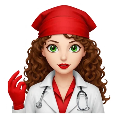 Spanish sexy evil woman. She has green eyes.  had brown long curly hair.  evil surgeon kills with needle wears red sexy doctor coat with red mouth bandana red gloves.  sticker