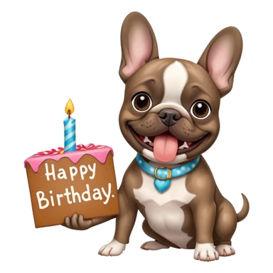 Brindle French Bulldog holding a happy birthday sign sticker