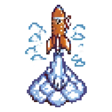 rocket blasting off into the clouds, pixel art style sticker