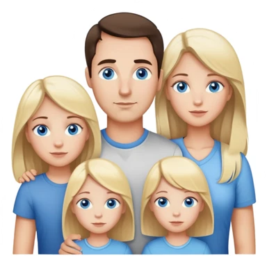 Family portrait with father with dark brown hair and blue eyes, mother with light brown hair and blue eyes, three blonde little girls with blue eyes sticker