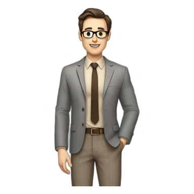 Pale skinned fit man with dark brown hair in gray jacket, beige office shirt, brown tie, brown pants and vintage glasses Writing text on the flipchart sticker