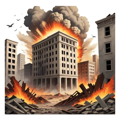A vintage movie poster-style design with a dramatic scene of a natural disaster like an earthquake, tornado, or tsunami. Include crumbling buildings, flying debris, and fiery explosions. The background should be chaotic, with a cinematic, apocalyptic vibe. Transparent background. sticker