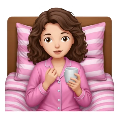 aestethic brunette wavy hair, waking up with a pink pajama sticker