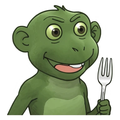 happy monkey holding a fork in his hand ready to eat lunch sticker