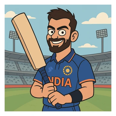 Virat Kohli, cartoon style, holding a cricket bat, confident smile, blue Indian team jersey, stadium background sticker