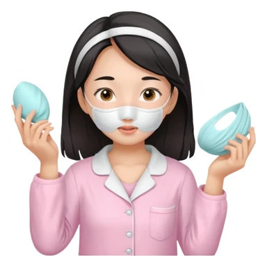 angelic asian girl doing skin care in baby pink pajamas, applying mask to her face sticker