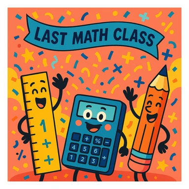 playful image of a calculator, ruler, and pencil throwing a party with confetti and math symbols for the last math class sticker