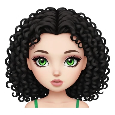 curly dark hair, pale skin, green eyes, pretty bratz baddie, black eyeliner, blush sticker
