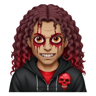 Vampire wearing black hoodie with a skull logo on it, long curly hair, brown skin, fanged teeth, blood under eye sockets/forehead, piercings on eyebrows, long curly hair with a patch (section) of red and blood on hands sticker