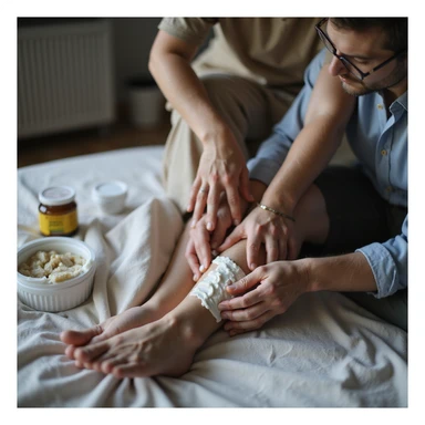 realistic scene of man massaging joints with anti-inflammatory creams, ice pack, list of liver protection medicines labeled 'cardarine', 'NAC', 'silimarina', managing side effects sticker