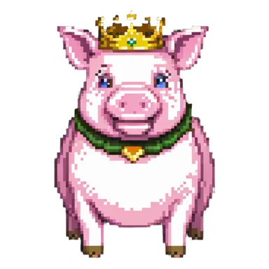 Minecraft style pig with a golden crown, inspired by Technoblade, inside a Minecraft castle sticker