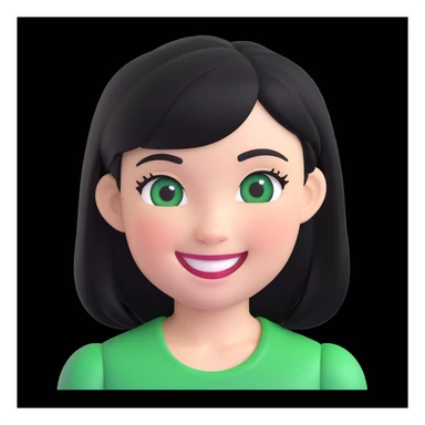 girl with black hair and green eyes, memoji style, smiling, round face, white background sticker