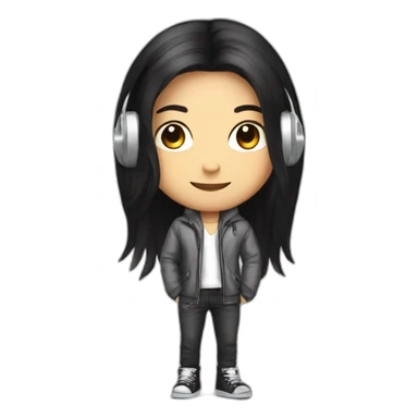 Cartoon character with long black hair, stylish outfit, silver headphones sticker