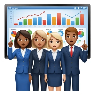 group of people pointing at a digital presentation screnn full of charts and graphs sticker