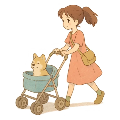 girl walking a dog in a stroller with soft colors sticker