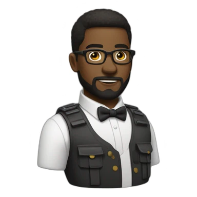 black soldier with a beard, a part in hair, wearing glasses, a white collared shirt, a bow tie, bulletproof vest sticker