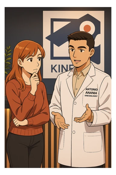 su questo stile fai un manga/webtoon a colori in cui una donna SI TOCCA IL MENTO CON L'INDICE MENTRE ASCOLTA PENSIEROSA L'UOMO, l'uomo della foto in stile manga LE SPIEGA CHE DEVE PROVARE LA SUA VALUTAZIONE MEDICA, mantieni un ambiente simile alla foto che ho allegato con il suo logo (sarebbe il suo studio, lui è un kinesiologo), scrivigli "ANTONIO ANANIA" sul camice bianco, non mettere fumetti, ma fai in modo che sembri che la donna ASCOLTI l'uomo sticker