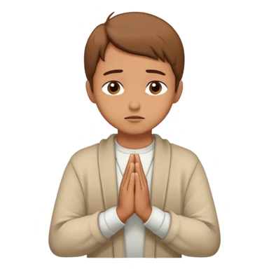 Person apologizing with hands together in prayer position, sorry face sticker