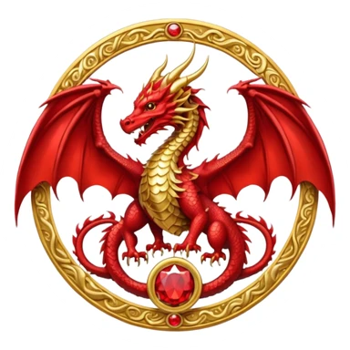 Golden Dragon with wings crest/brosch in a circle with red gems sticker