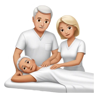 60-year-old white man dressed in white tunic giving massage to a 60-year-old white woman sticker