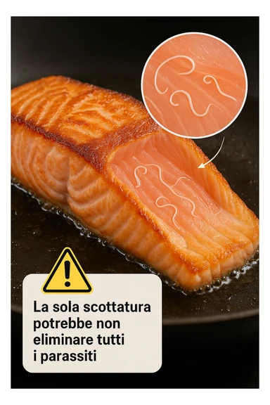 a close-up of a salmon fillet being lightly seared in a hot pan, with the outer layer cooked but the inside still raw. An inset magnifies the interior, showing visible Anisakis parasites surviving in the uncooked portion. A warning icon and educational text explain that searing alone may not eliminate all parasites. in italiano sticker