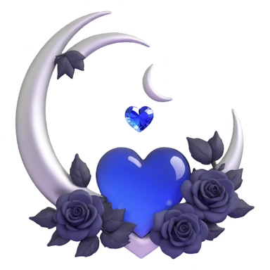 midnight blue glass heart with a silver crescent moon, surrounded by small black roses, gothic and luxurious sticker