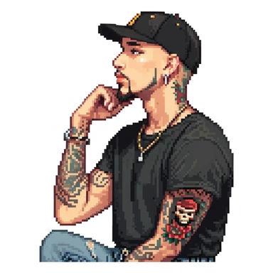 a man with a shaved head, goatee, pierced ear, and green eyes, wearing a black baseball cap, black shirt, jeans, and tattoos on one arm, pixel art style, side profile sticker