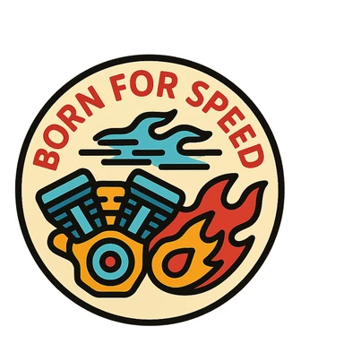 circular motorcycle cap design with the English phrase 'Born for Speed', featuring motorcycle motifs like motor, flame, wind, speed style sticker