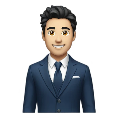  a young man with a joyful expression. He has dark hair styled neatly, a clear complexion, and is wearing a dark blue suit with a notched lapel, over a white shirt with no visible tie. sticker