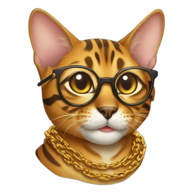 a Bengal cat wearing glasses with a golden chain around its neck, smiling sticker