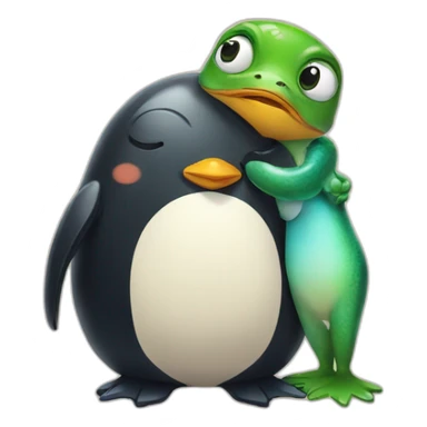 Penguin hugging a frog sticker