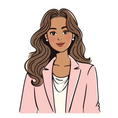 A 30-year-old woman with tanned skin, light brown long wavy hair with curled ends, delicate face, almond-shaped eyes with smoky foxy eye makeup, brown eyes, wearing a light pink elegant blazer and white satin cowl neck blouse with thin straps sticker