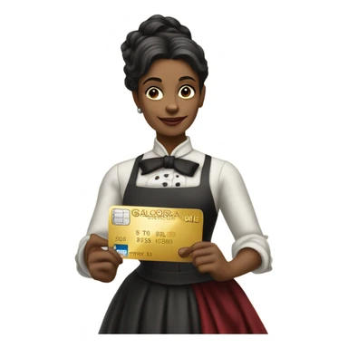 galora waitress galora in Victorian dress elegant, full body, holding big credit card sticker