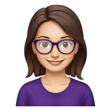 nữ 40 tuổi, da trắng, tóc dài được buộc gọn gàng màu nâu, mặt cười tươi vui vẻ, đeo kính màu đen, áo tím đậm sticker