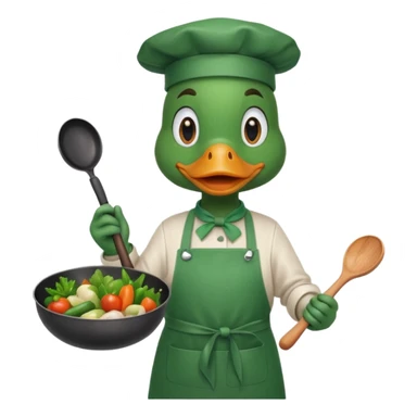 A duck holding a frying pan with vegetables, wearing green apron sticker