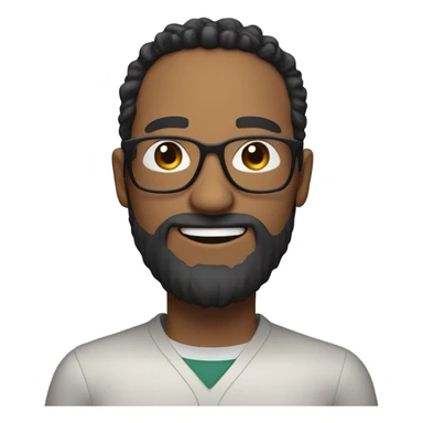 a nerd man, without glasses, black circle beard, curled hairs, smiling sticker