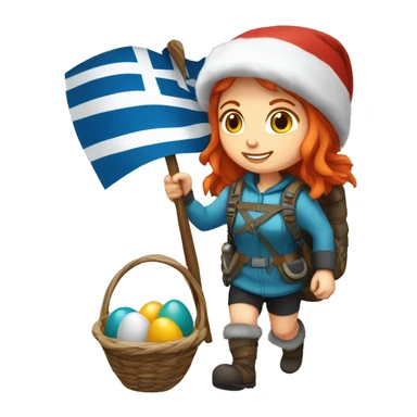 Female winter mountaineer red hair white skin climbing with Greek Flag and Easter eggs basket sticker